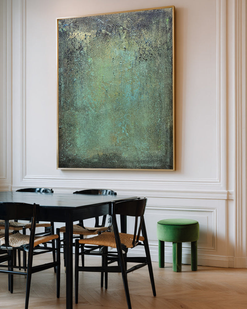 Minimalist Green Gold Texture Painting | Modern Vertical Canvas Decor | ArtExplore