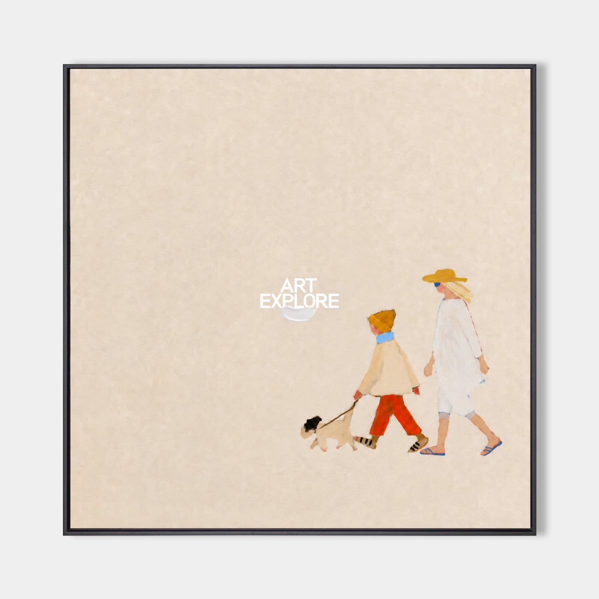 Minimalist Mother Child Dog Painting Beige Square Canvas Wall Art For Nursery