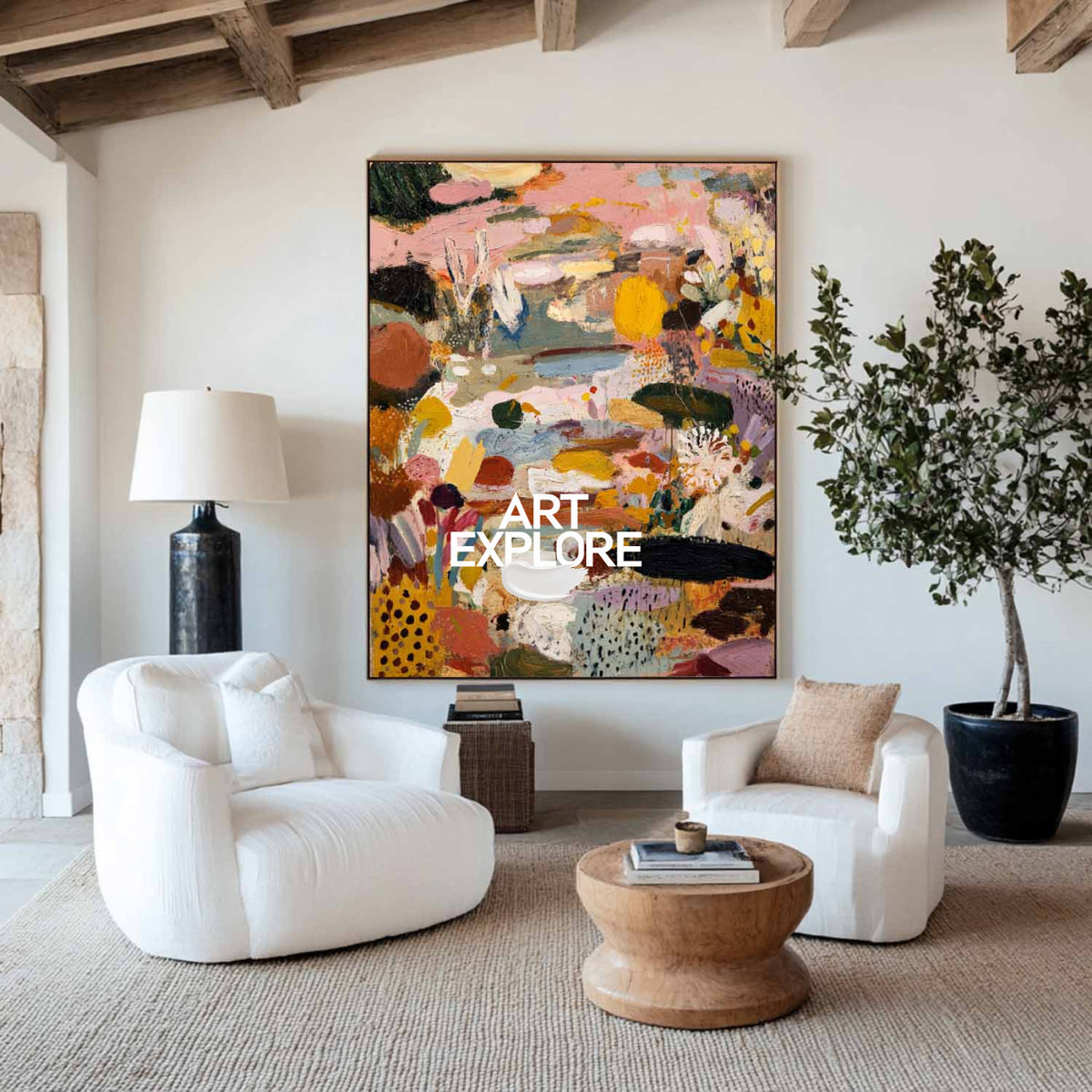Large Minimalist Texture Oil Painting, Modern Pink Landscape Wall Decor ArtExplore