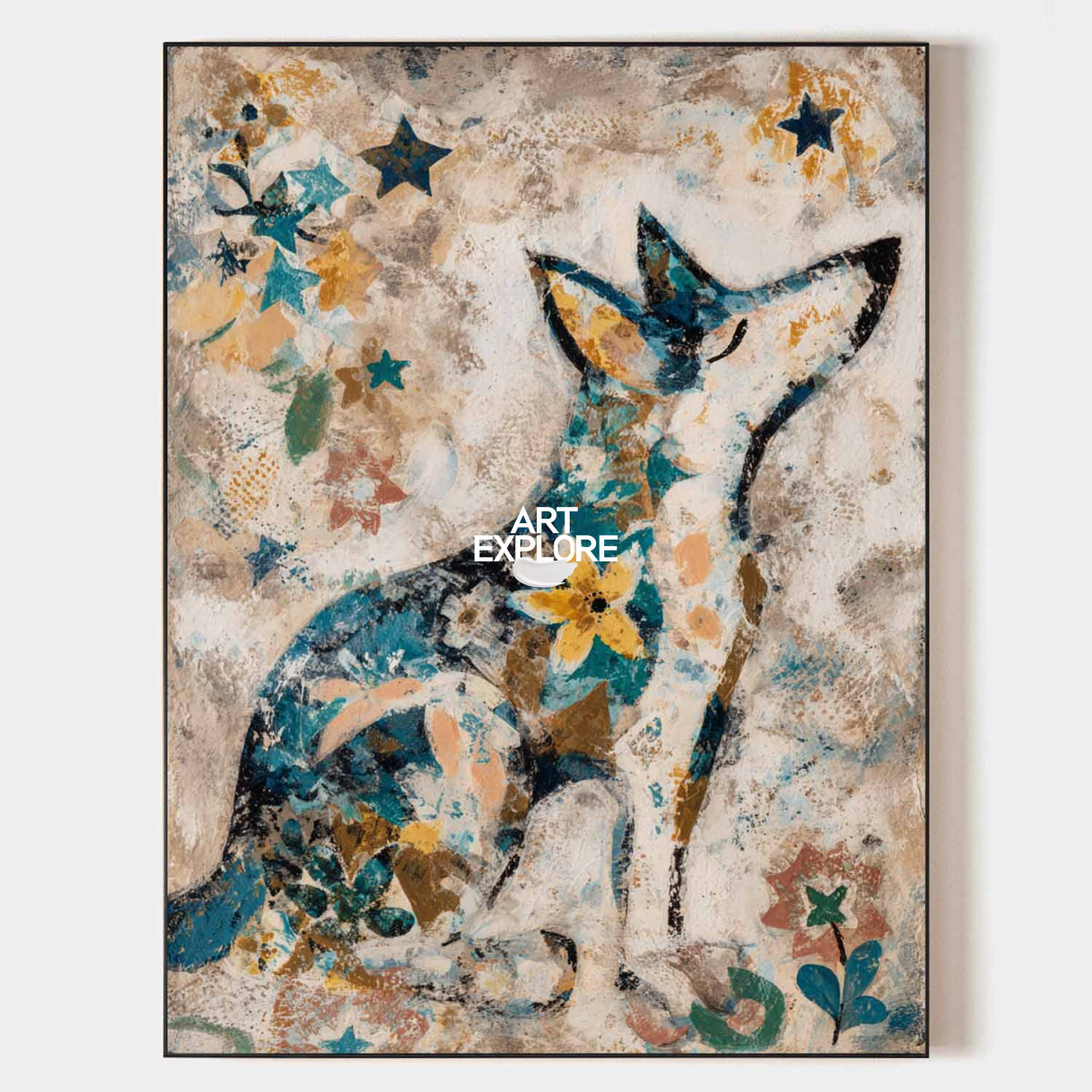 Modern Abstract Animal Art Beige And Blue Wolf Painting For Living Room Decor