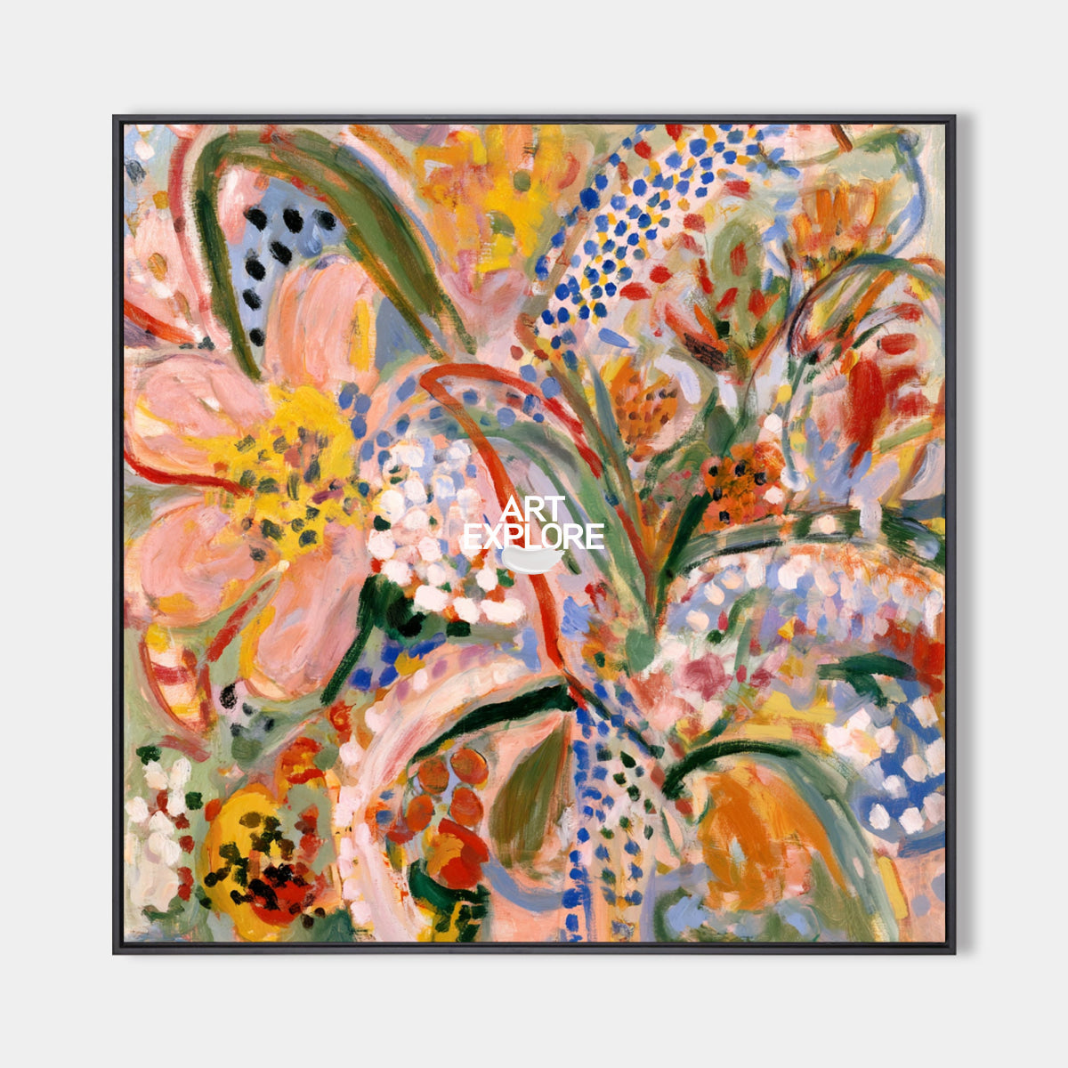 Abstract Floral Canvas Painting With Pink Blue Yellow Hand-Painted Wall Art