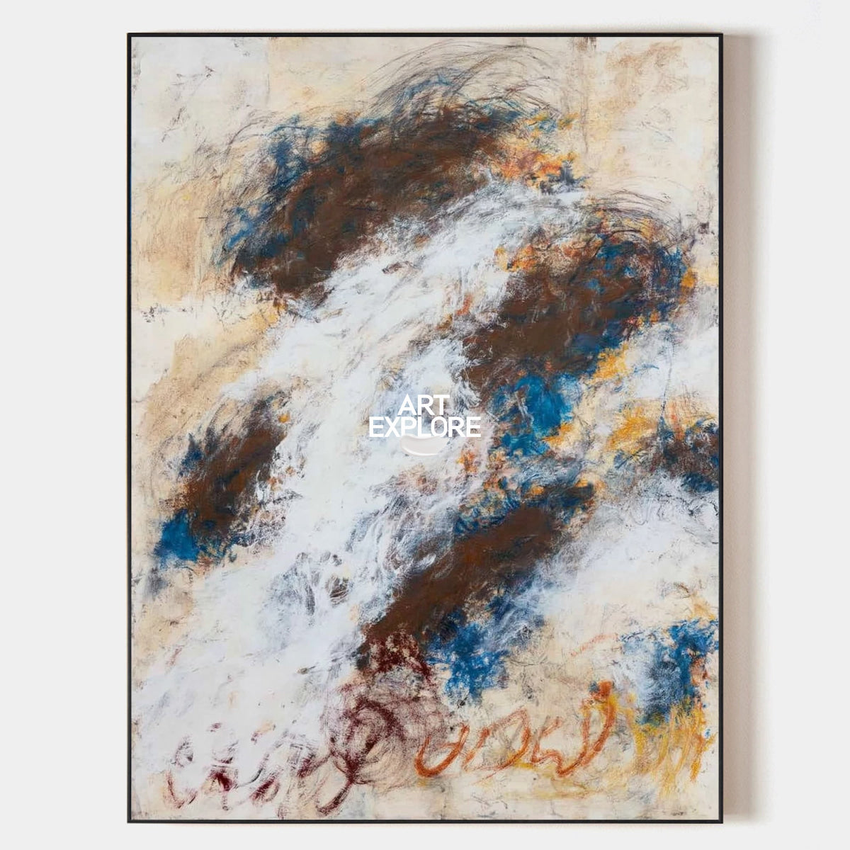 Expressive Doodle Style Painting In Blue And Brown Tones