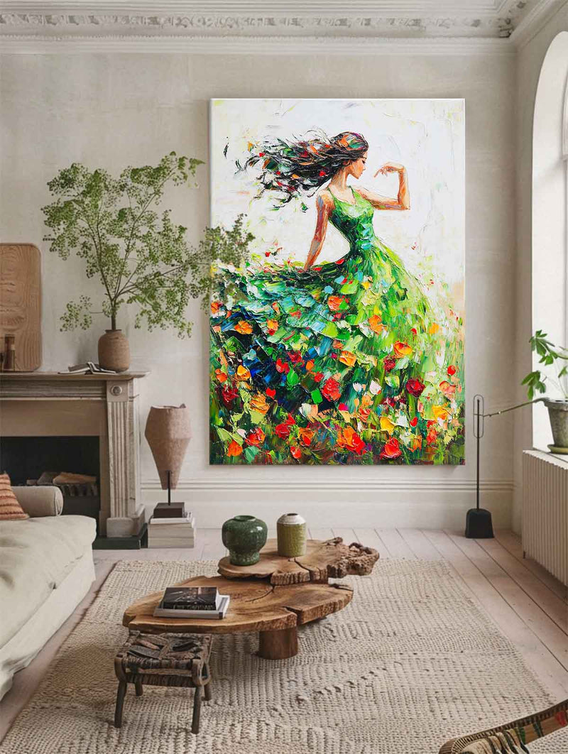 Large Green Painting Of Dancing Girl Ballerina Dancing Wall Art Large Green Texture Wall Paintings