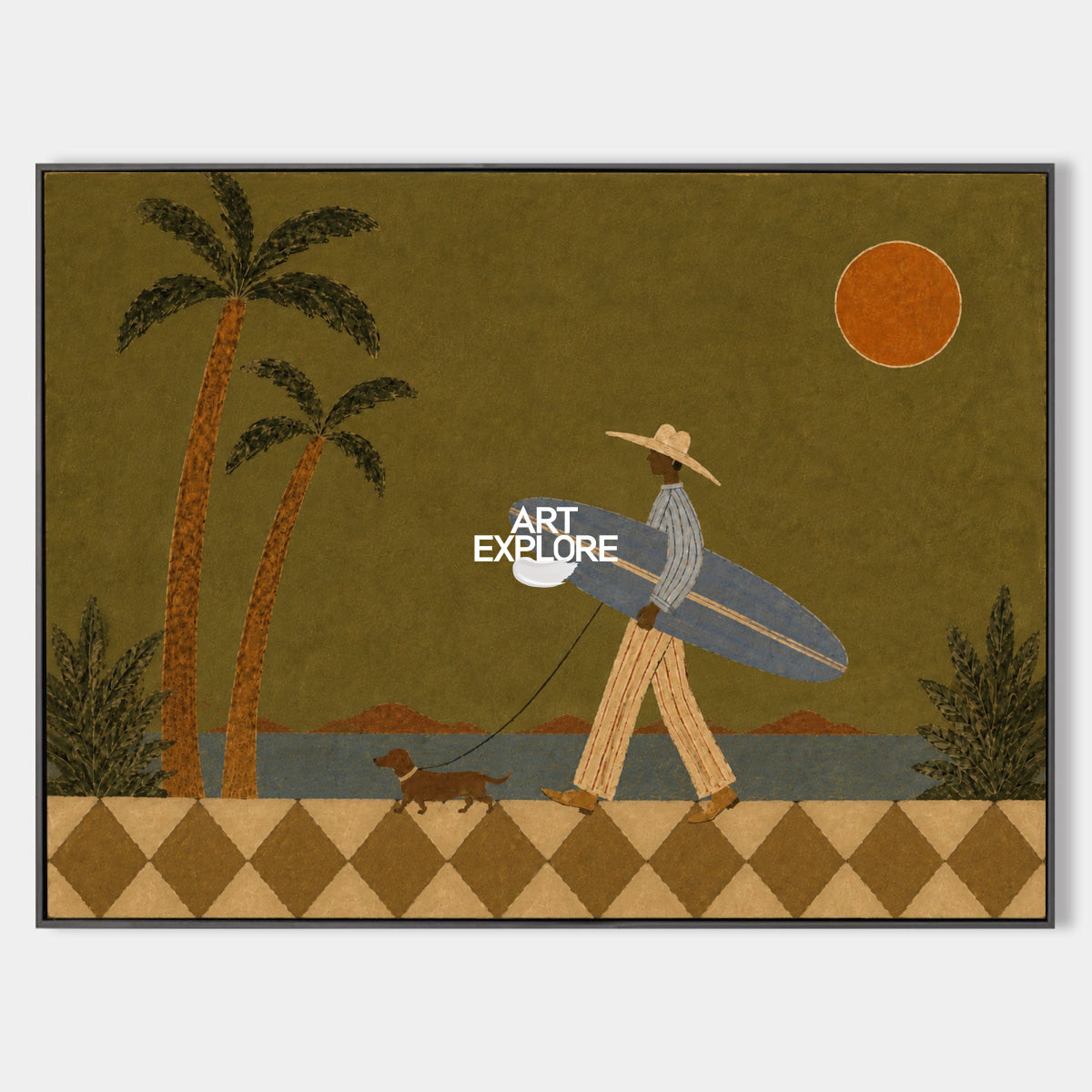 Surfer And Dog Folk Art Canvas Painting Green Coastal Wall Decor