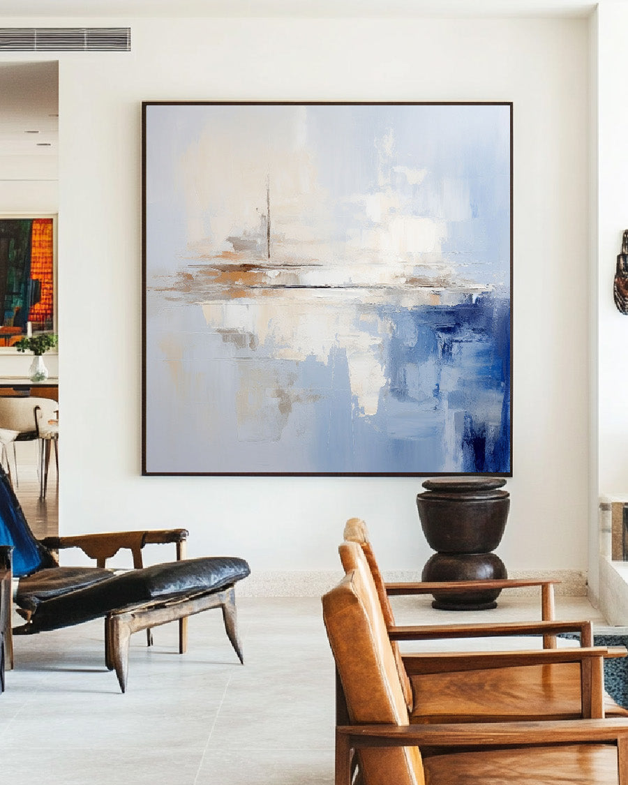 Large Modern Texture Painting | Blue and Beige Abstract Canvas | ArtExplore