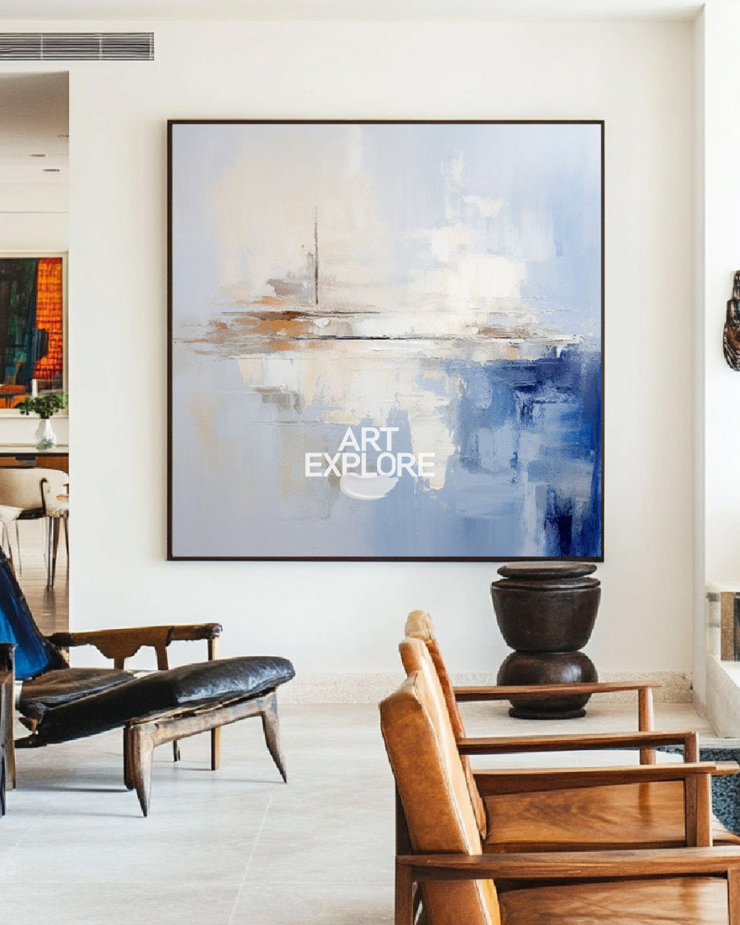 Large Modern Texture Painting | Blue and Beige Abstract Canvas | ArtExplore