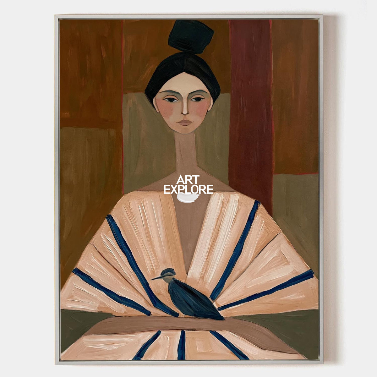 Hand-painted Canvas Art Featuring A Serene Woman And A Bird. This Original Artwork Blends Beige And Brown Hues With Blue Accents For A Timeless Modern Look.