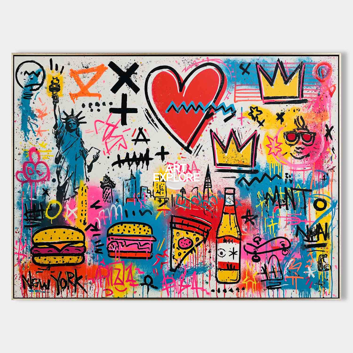New York Graffiti Pop Art Canvas Painting With Statue Of Liberty And Crowns