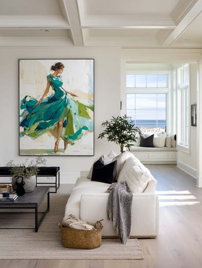 Large Painting of Elegant Woman in Flowing Green Dress | Green Wall Decor Painting for Living Room