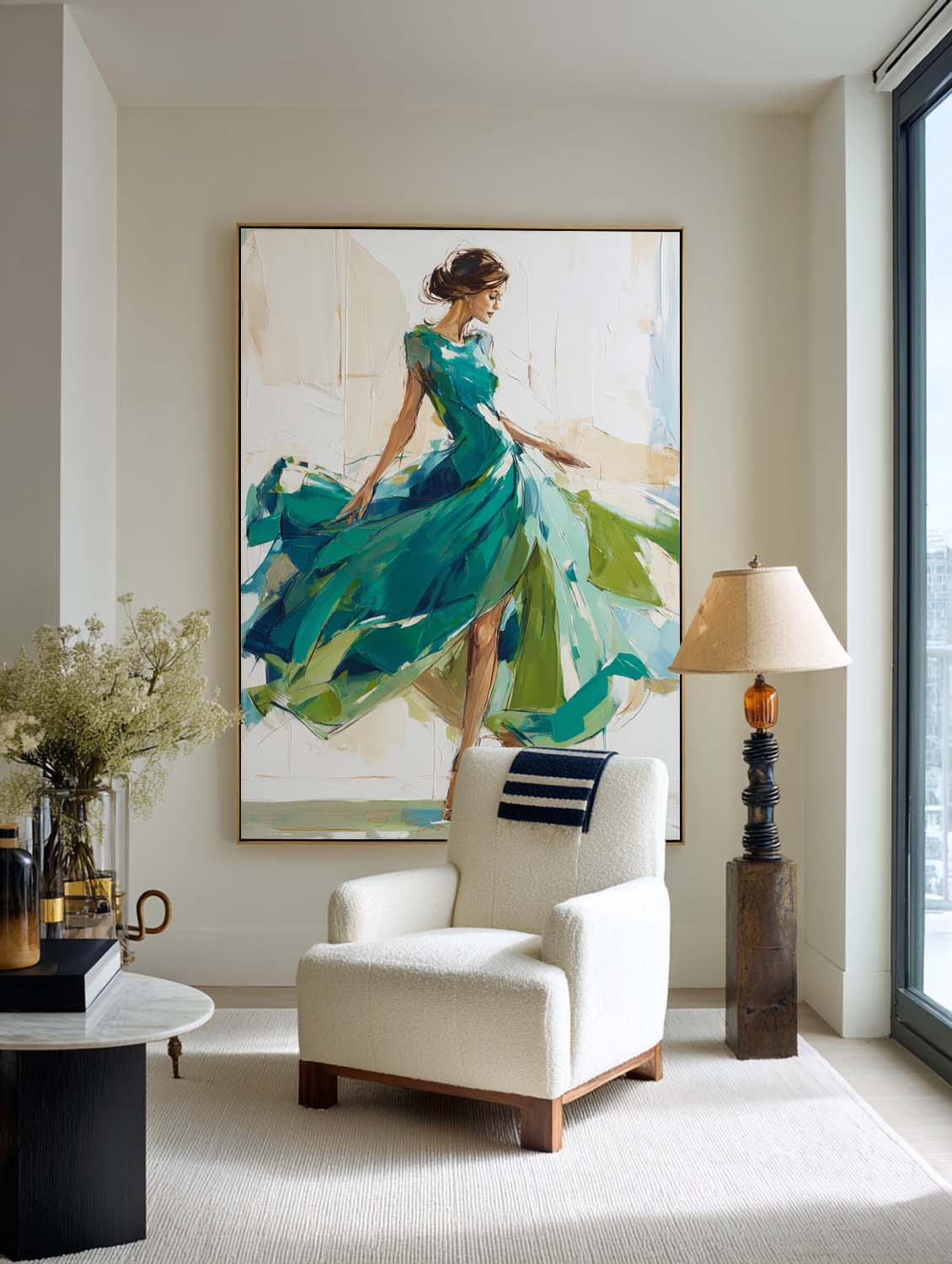 Large Painting of Elegant Woman in Flowing Green Dress | Green Wall Decor Painting for Living Room