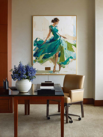 Large Painting of Elegant Woman in Flowing Green Dress | Green Wall Decor Painting for Living Room
