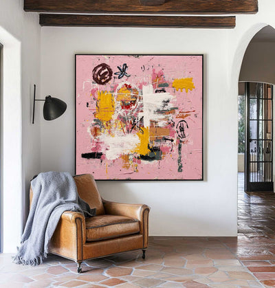 Large Pink Abstract Graffiti Wall Art, Thick Textured Pink Canvas Painting for Entry Way