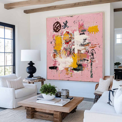Large Pink Abstract Graffiti Wall Art, Thick Textured Pink Canvas Painting for Livingroom