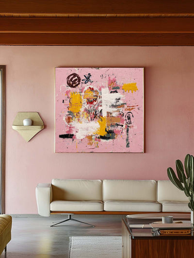 Large Pink Abstract Graffiti Wall Art, Thick Textured Pink Canvas Painting for Lounge