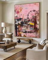 Large Pink Graffiti Abstract Painting | Modern Park Scene Vertical Painting ArtExplore
