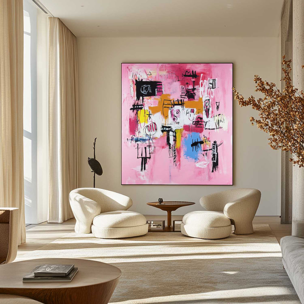 Large Pink Graffiti Painting Basquiat Painting ArtExplore Modern Abstract Graffiti Wall Art For Door Way