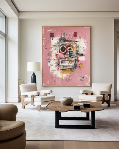 Original Pink Graffiti Paintings Large Basquiat Handcrafted Wall Art Modern Graffiti Art for Office