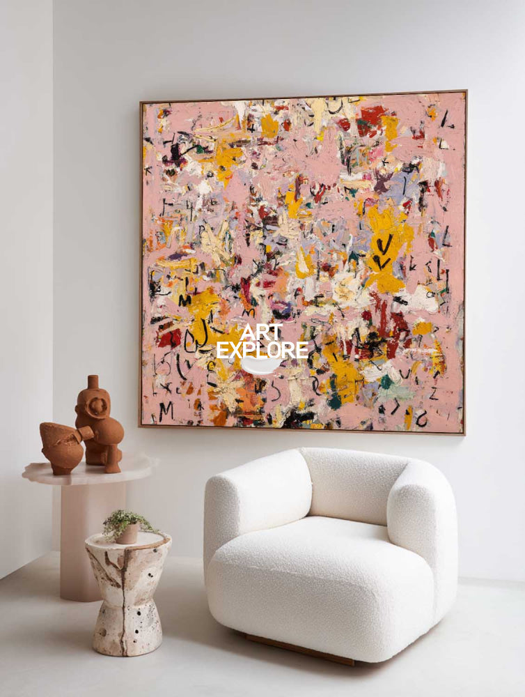 Large Pink & Yellow Textured Abstract Art with Script Detail