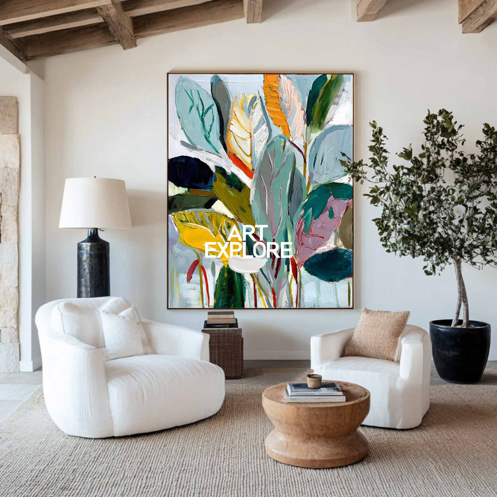 Large Scale Orange and Yellow Abstract Leaf Painting for Living Room