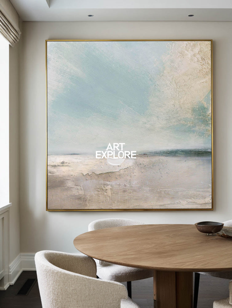 Large Seascape Painting With Textured Modern Blue Beige Seascape Art For Dining Room | Artexplore