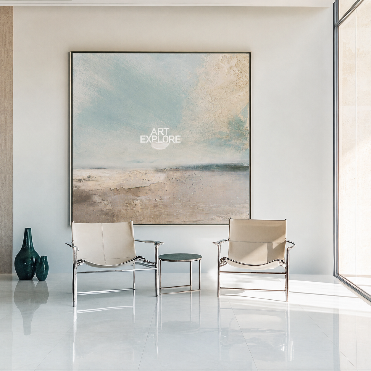 Large Seascape Painting With Textured Modern Blue Beige Seascape Art For Living Room | Artexplore