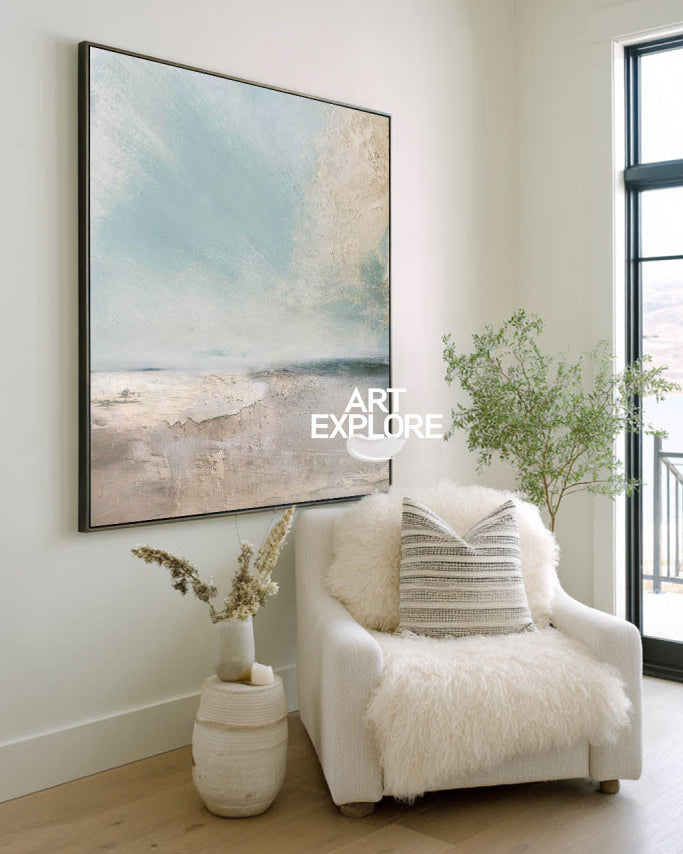 Large Seascape Painting With Textured Modern Blue Beige Seascape Art For Room Decor | Artexplore