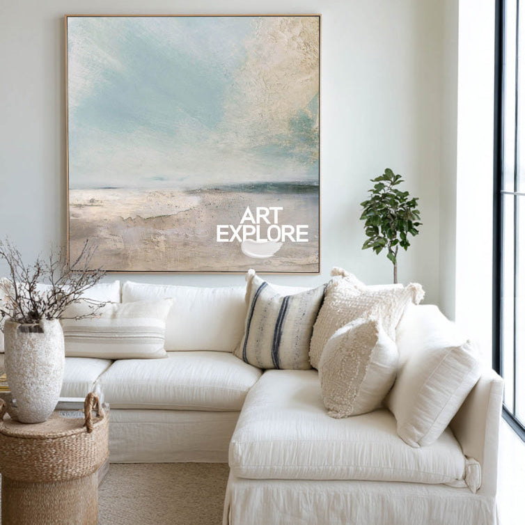 Large Seascape Painting With Textured Modern Blue Beige Seascape Art For Sale | Artexplore