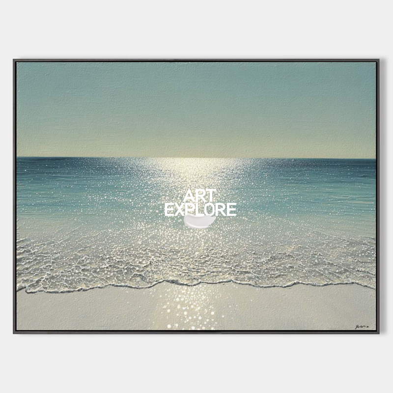 Large Sparkling Blue Sea Wall Art | Horizontal Handmade Beach Painting – ArtExplore