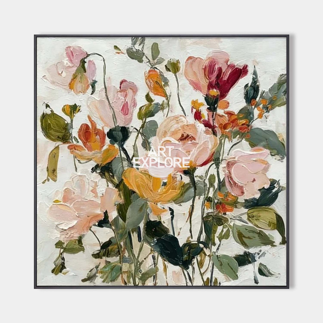 Large Spring Bloom Impasto Oil Painting Square Floral Wall Art - ArtExplore