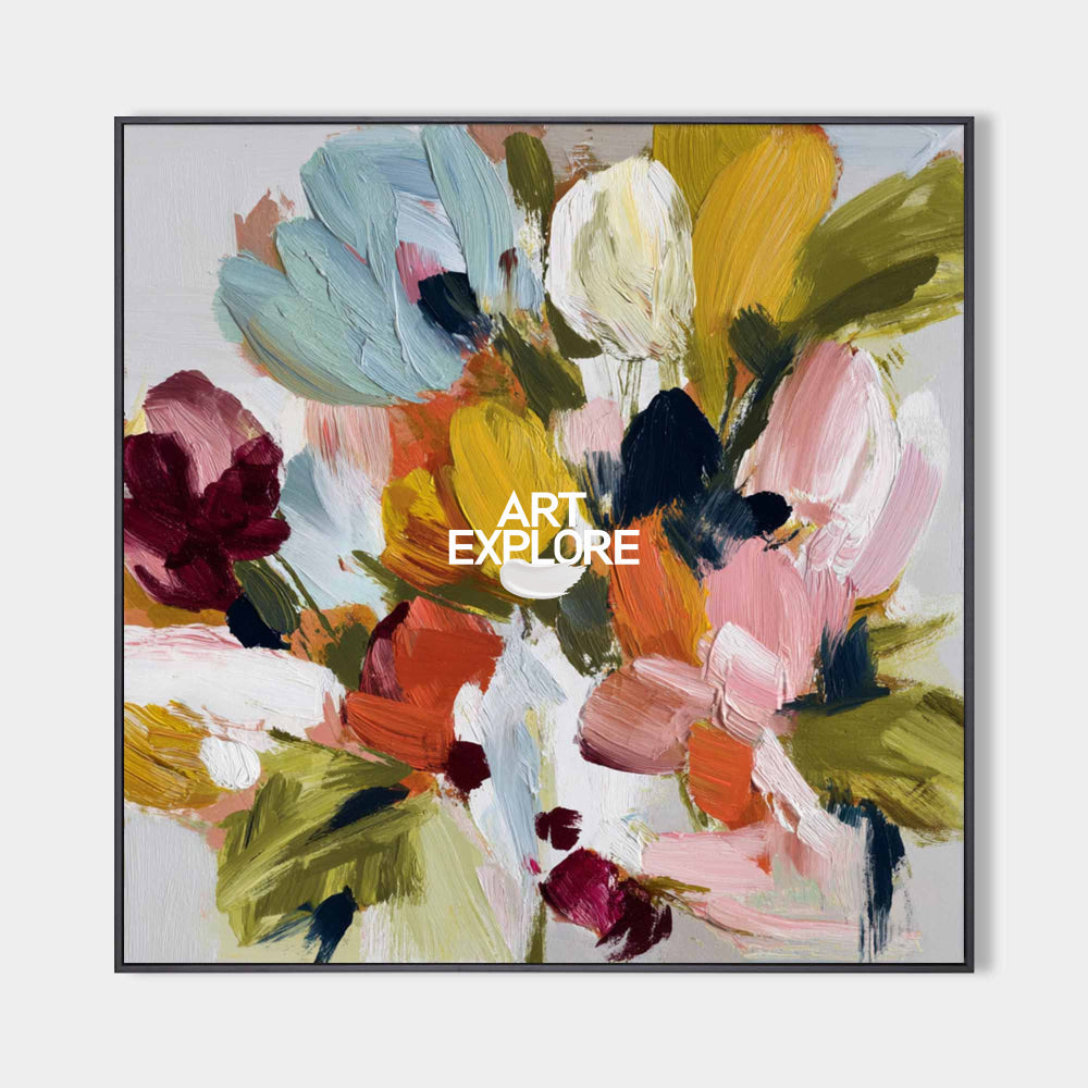 Large Square Abstract Floral - Hand-Painted Floral Pop Impasto Art Botanical Art | ArtExplore