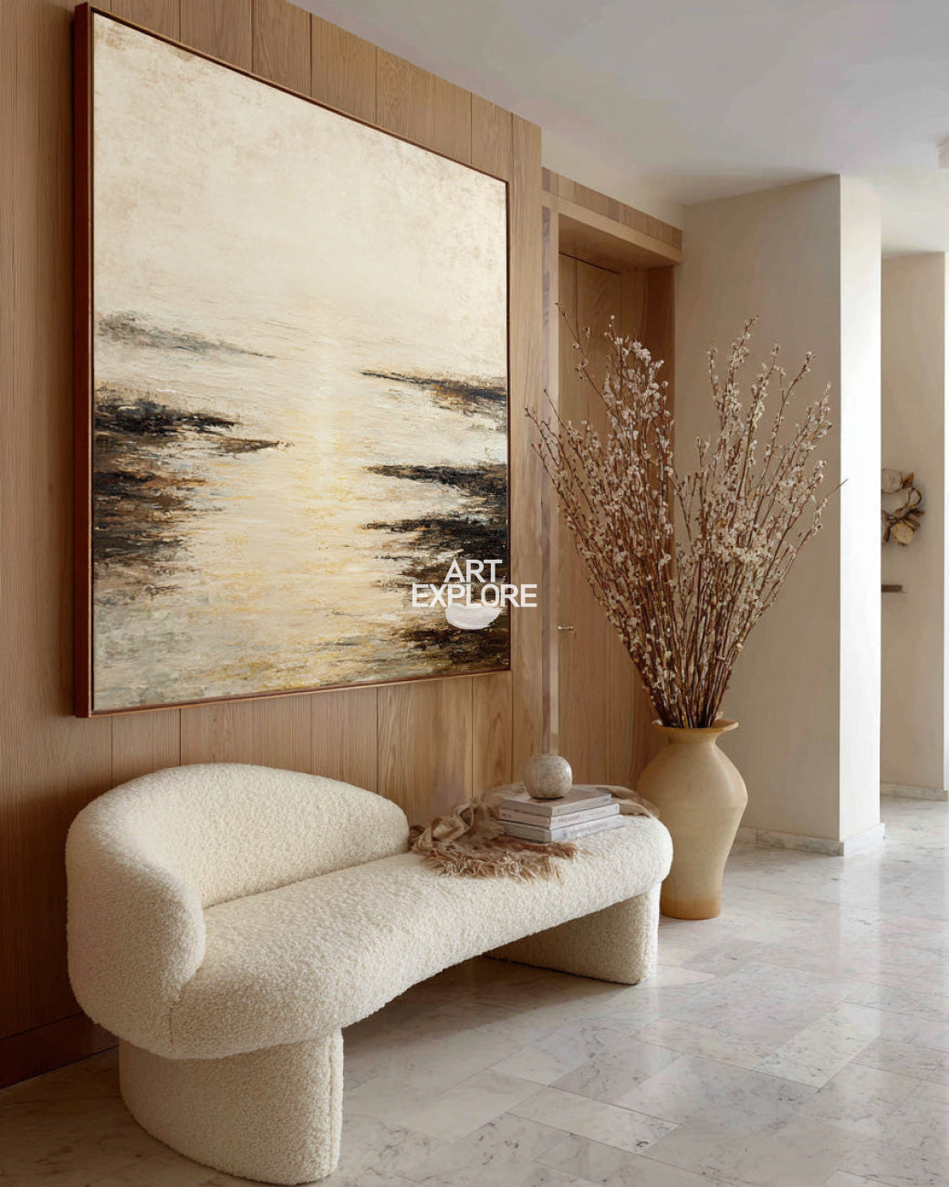 Large Square Beige Lake View Art, Handmade Minimalist Wabi-Sabi Landscape ArtExplore