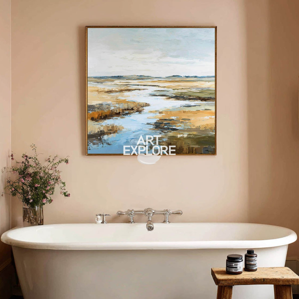 Large Square Blue Lake Landscape Art Handmade Textured Oil on Canvas | ArtExplore