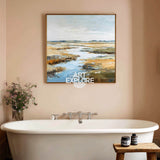 Large Square Blue Lake Landscape Art Handmade Textured Oil on Canvas | ArtExplore