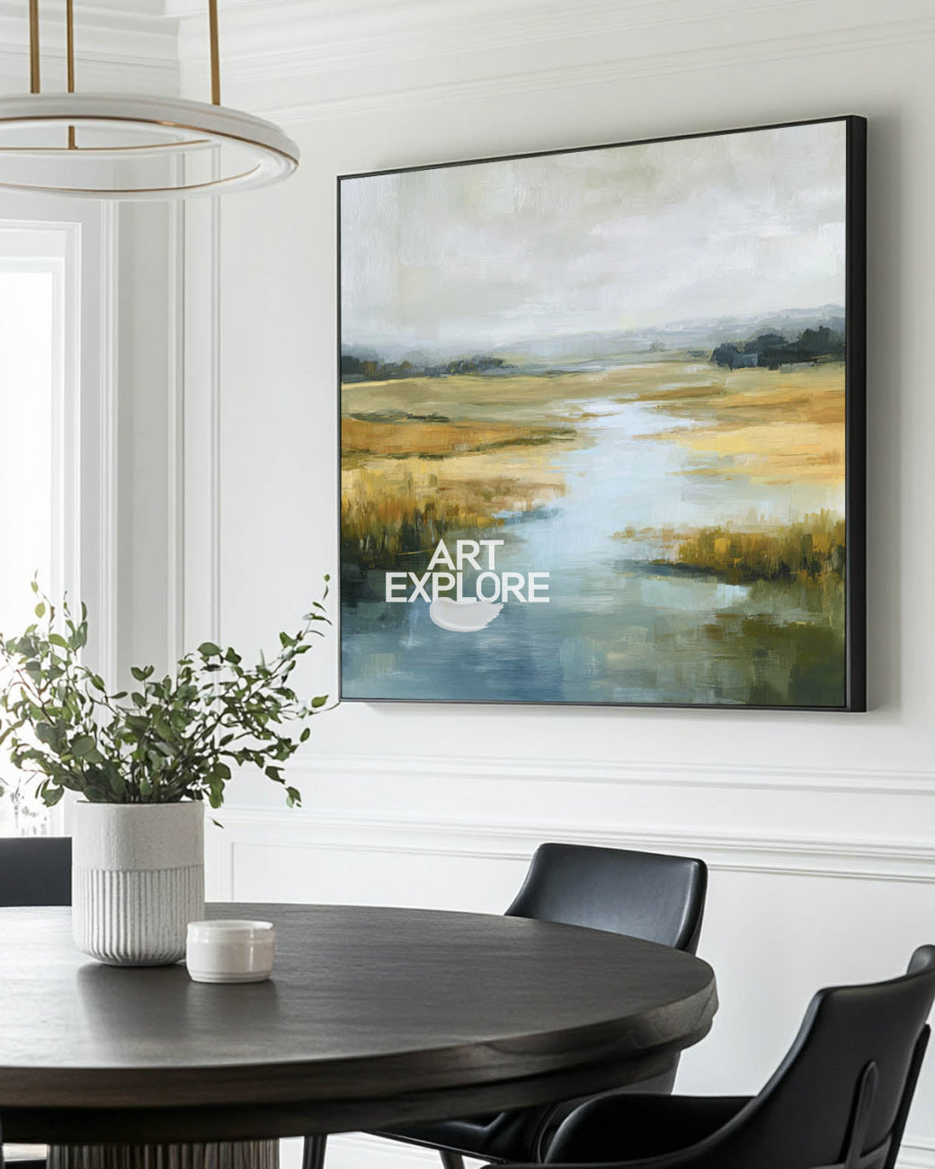Large Square Blue River Landscape Art Textured Handmade Oil Canvas Painting | ArtExplore