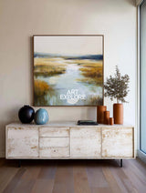 Large Square Blue River Landscape Textured Art for Hotel & Office | ArtExplore