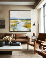 Large Square Blue and White River Landscape Textured Art for Hotel | ArtExplore