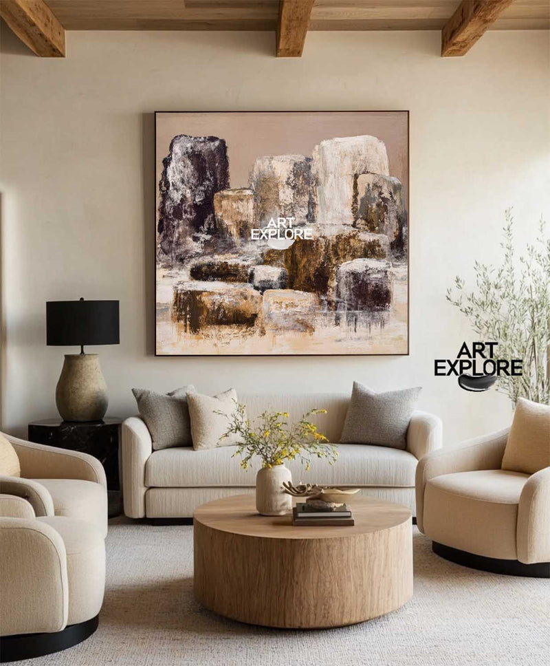 Large Square Brown Cliff Painting | Minimalist Handmade Rock Texture ArtExplore
