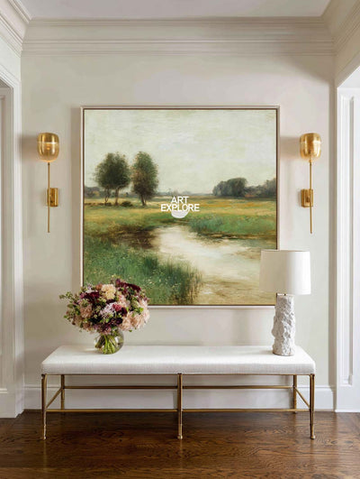 Large Square Landscape Canvas – Garden Lake Minimalist Painting | ArtExplore