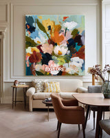 Large Square Ochre & Navy Floral Art - Original Texture Painting Modern botanical canvas art