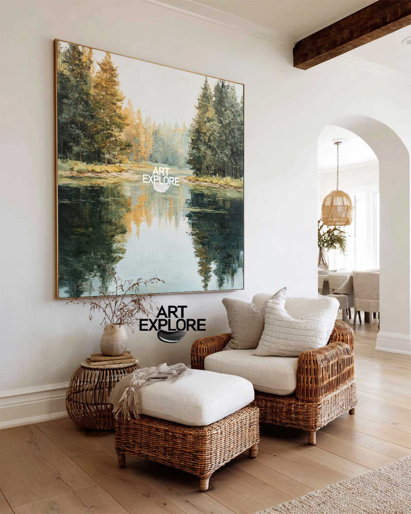 Large Square Oil Painting of Autumn Trees by Water – Framed Art | ArtExplore
