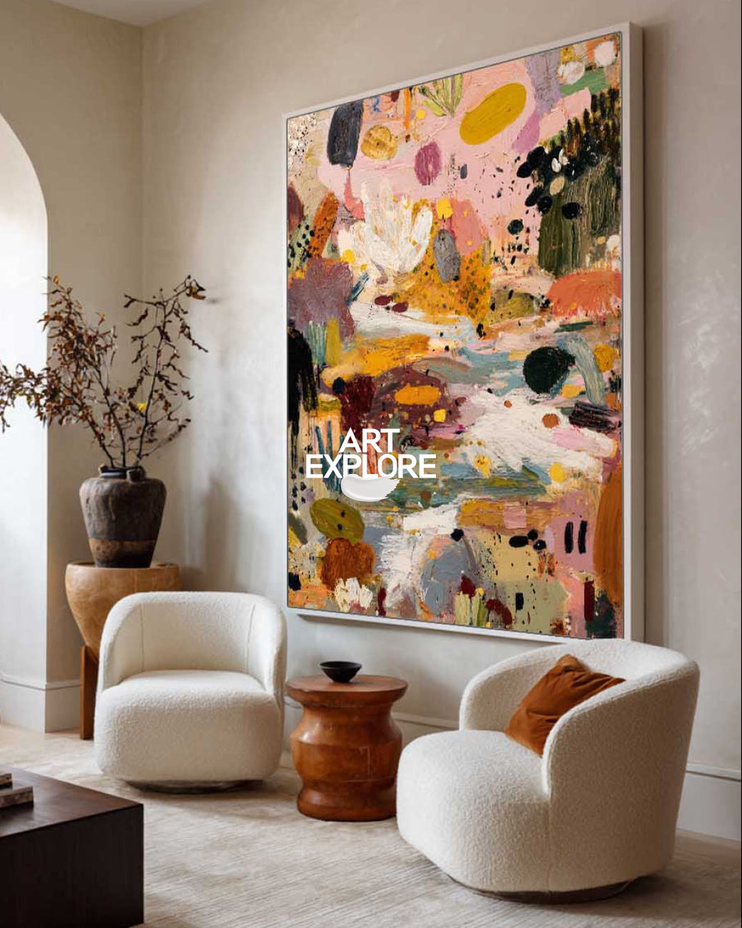 Large Textured Abstract Art Pink Garden, Vertical Landscape Oil Painting ArtExplore