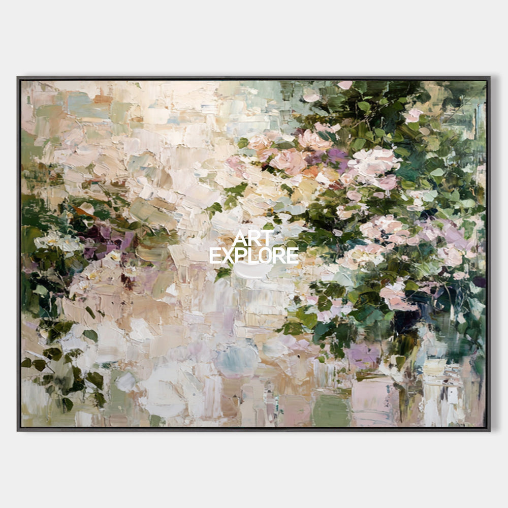 Large Textured Floral Painting Pink Roses Impasto  Art