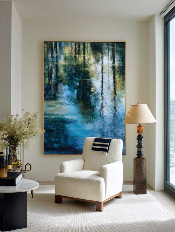 Large Textured Green Reflection Canvas – Modern Minimalist Impressionist Painting | ArtExplore
