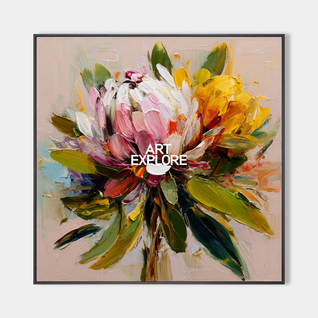 Large Textured Lotus Oil Painting, Bold Floral Canvas Art for Modern Living Room ArtExplore