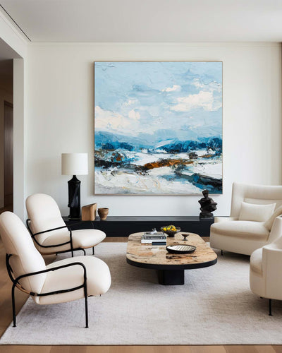 Large Tranquil Coastal Wall Art – Blue Landscape Texture Painting for Minimalist Modern Homes