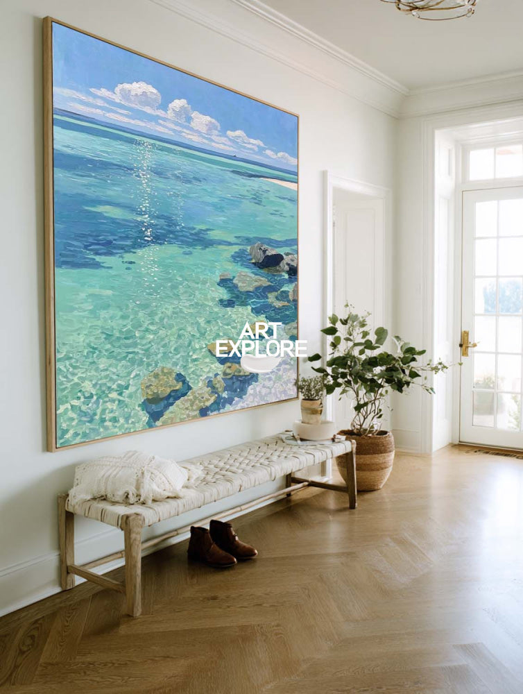 Large Turquoise Lagoon Painting Sparkling 3D Impasto Shallow Water Art