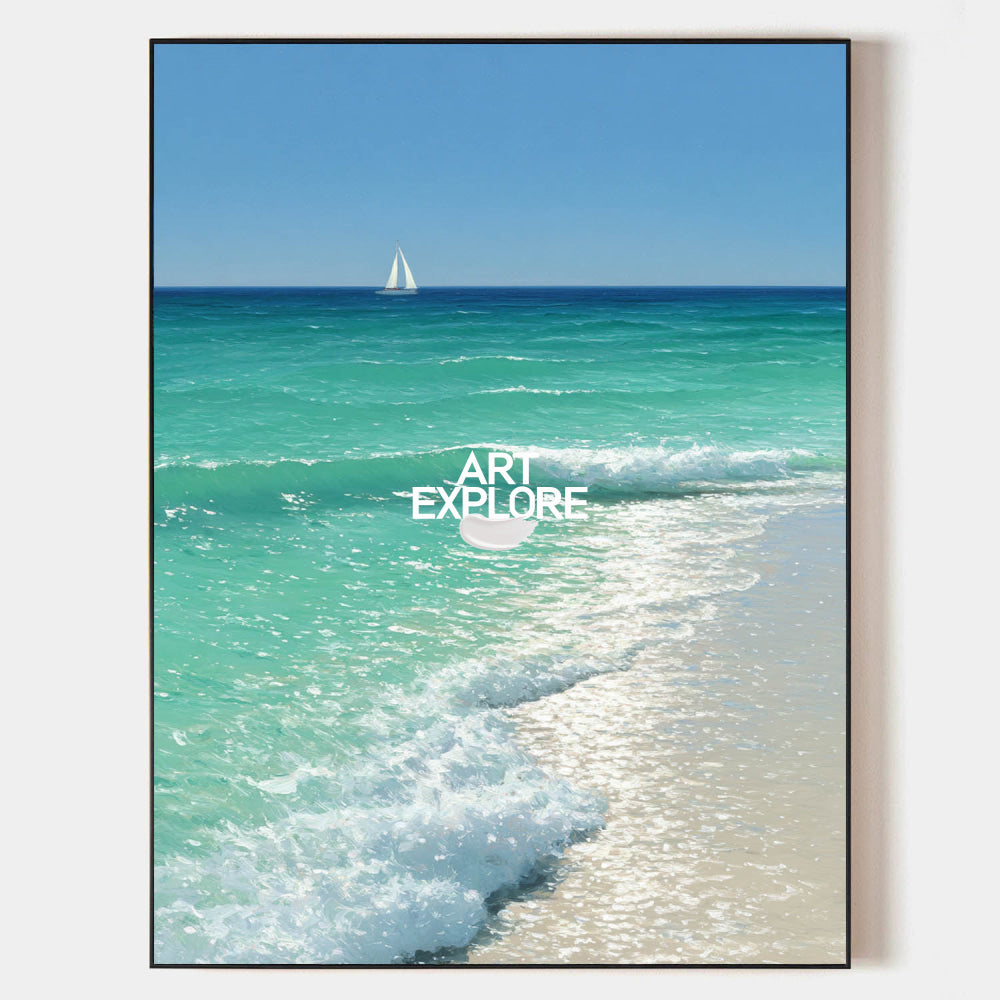Large Turquoise Ocean Painting Sailboat 3D Impasto Seafoam Art