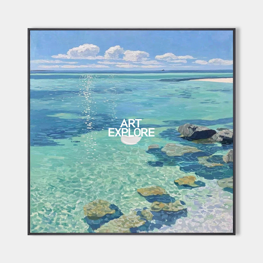 Large Turquoise Ocean Painting Sparkling Cove Textured Rock Art