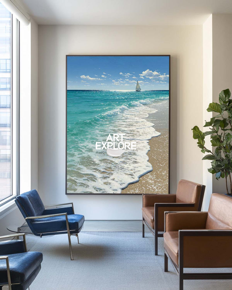 Large Turquoise Wave Painting Sailboat Art