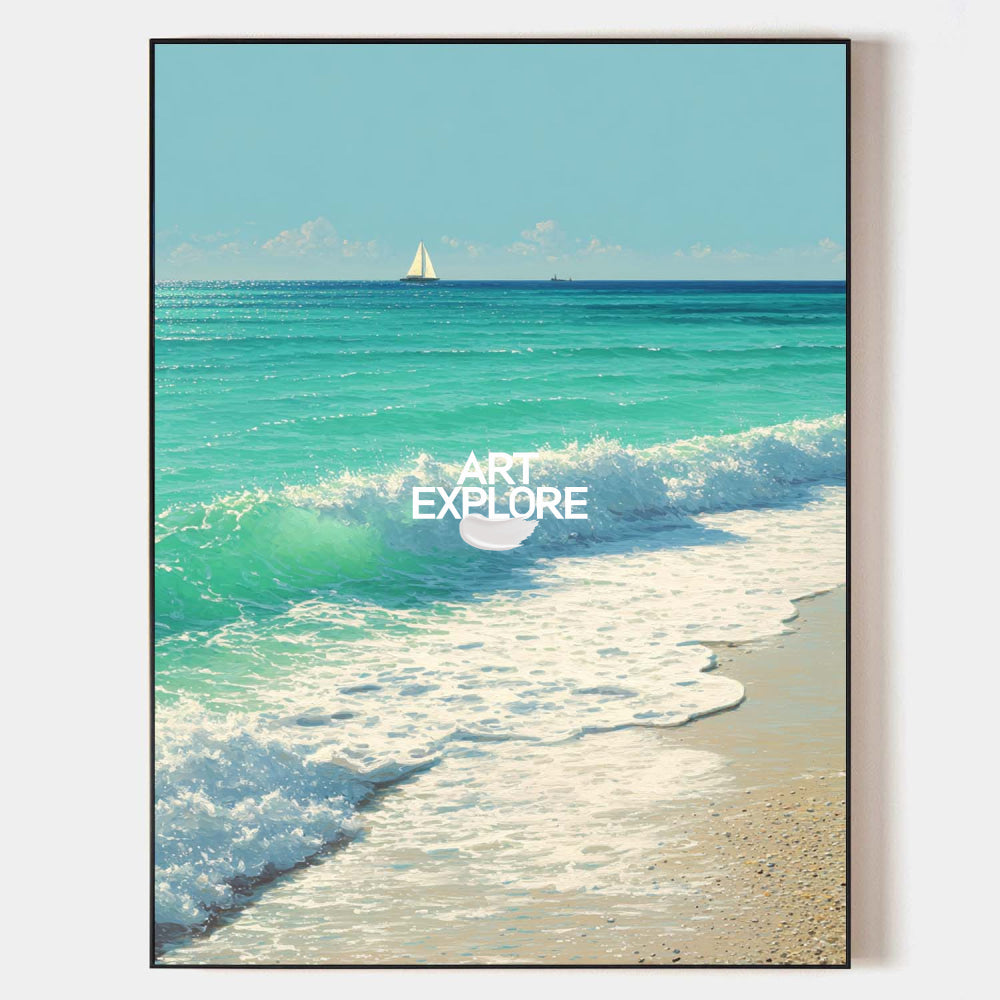 Large Turquoise Wave Painting Sailboat Seascape Textured Wall Art